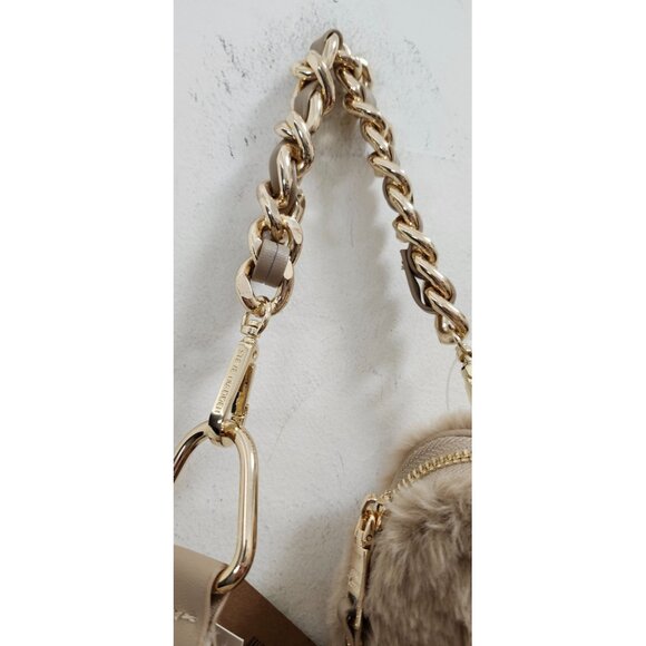 Steve Madden Faux Fur Shoulder Bag Crossbody Beige Plush Purse Gold Chain Strap - Picture 5 of 7